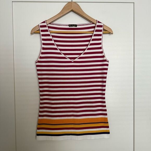 Loro Piana Tank Top Sz 46 White Fuchsia Striped Sleeveless N Neck Stretch Summer - Picture 1 of 14